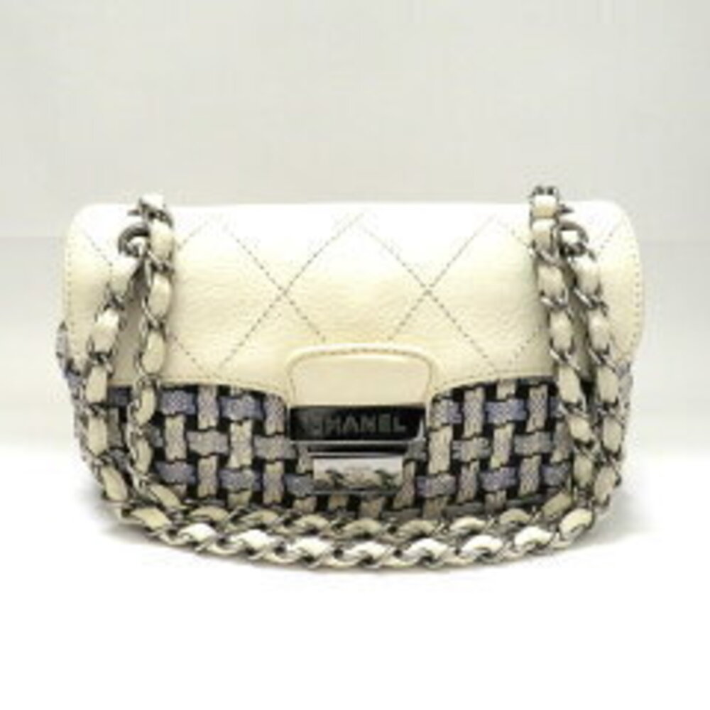 Chanel Chain Shoulder Bag Tweed Leather Multicolored White Double